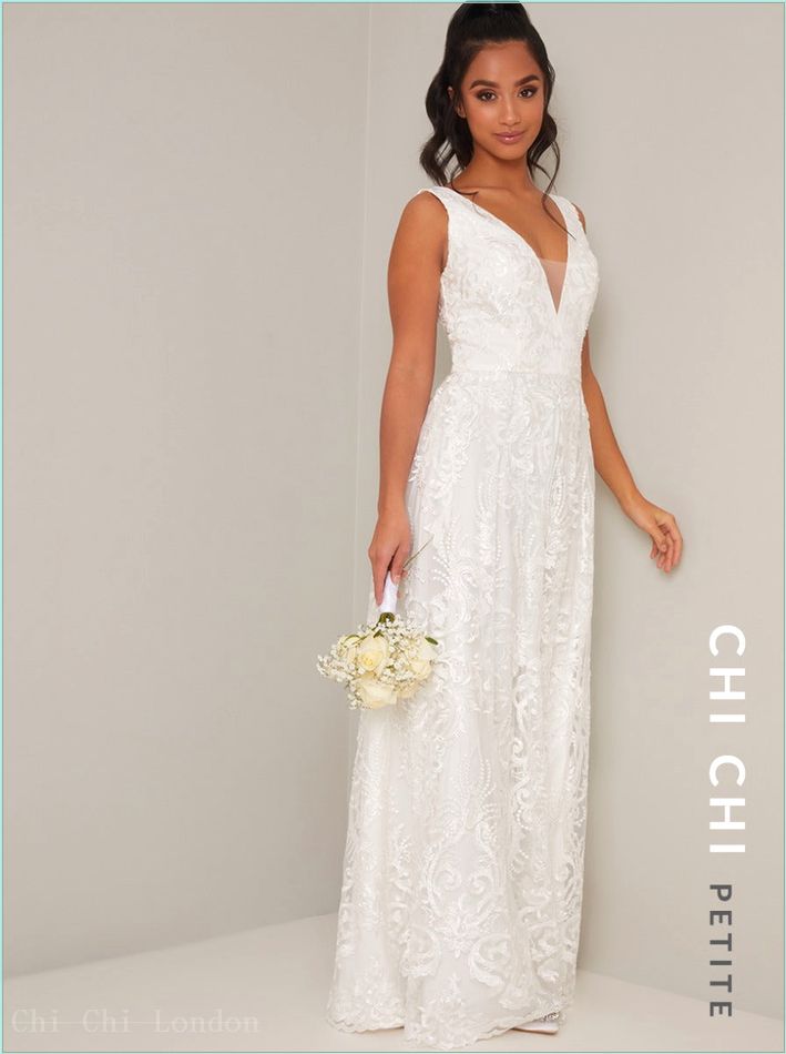  Petite Lace V Neck Maxi Wedding Dress in White 52795PWH