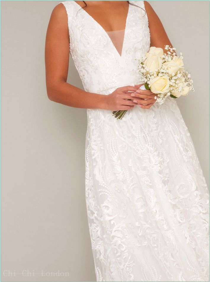  Petite Lace V Neck Maxi Wedding Dress in White 52795PWH