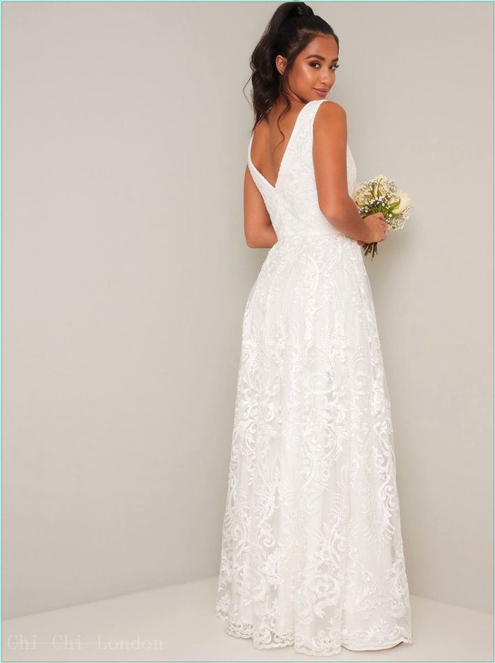  Petite Lace V Neck Maxi Wedding Dress in White 52795PWH