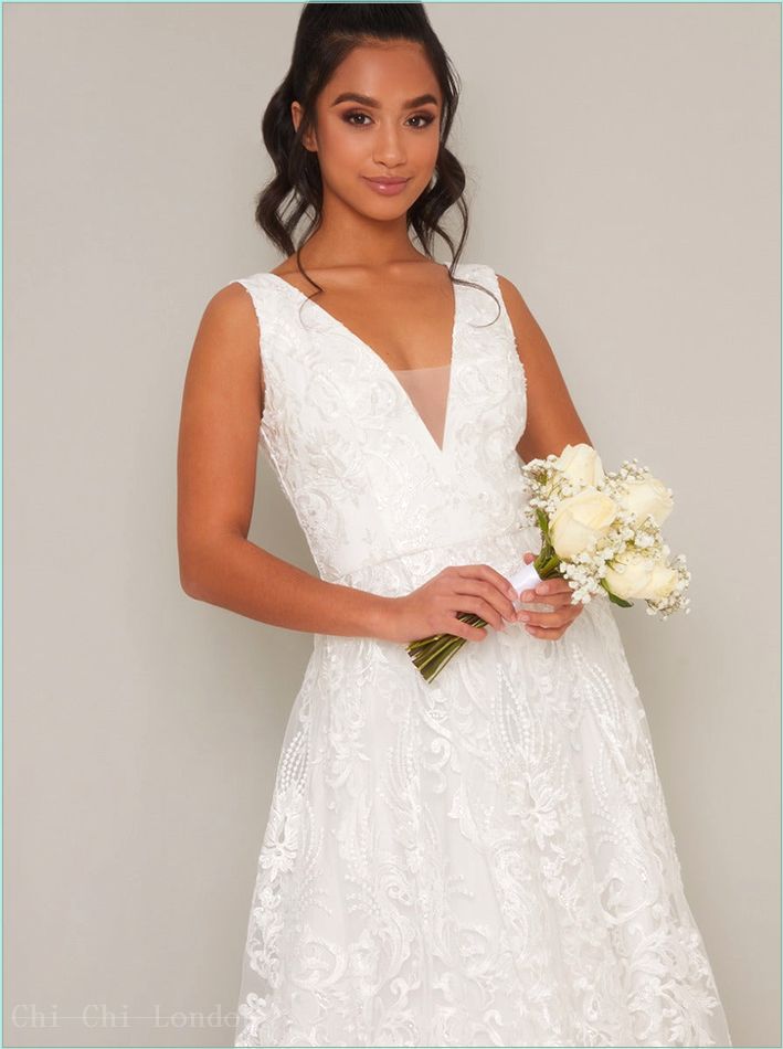  Petite Lace V Neck Maxi Wedding Dress in White 52795PWH