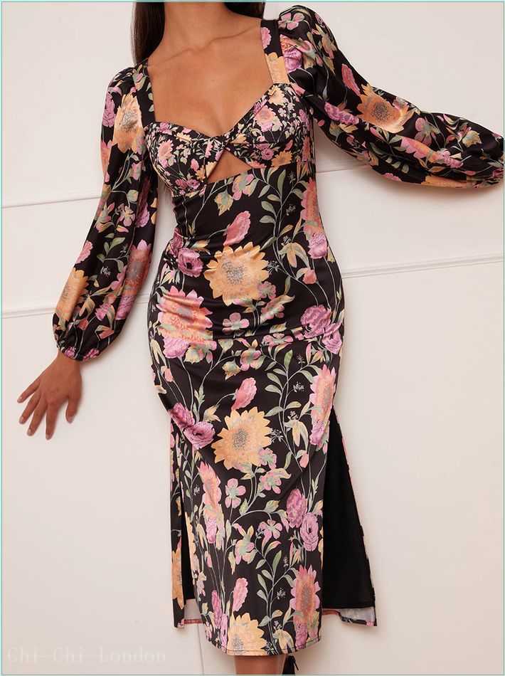  Petite Long Sleeve Cut-Out Detail Floral Print Midi Dress in Black CT09PBK