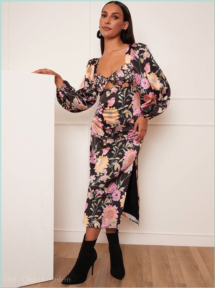  Petite Long Sleeve Cut-Out Detail Floral Print Midi Dress in Black CT09PBK