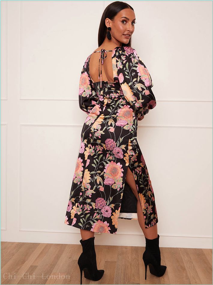  Petite Long Sleeve Cut-Out Detail Floral Print Midi Dress in Black CT09PBK