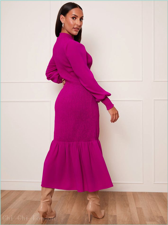  Petite Long Sleeve Shirred Maxi Dress in Pink CT1039PFP