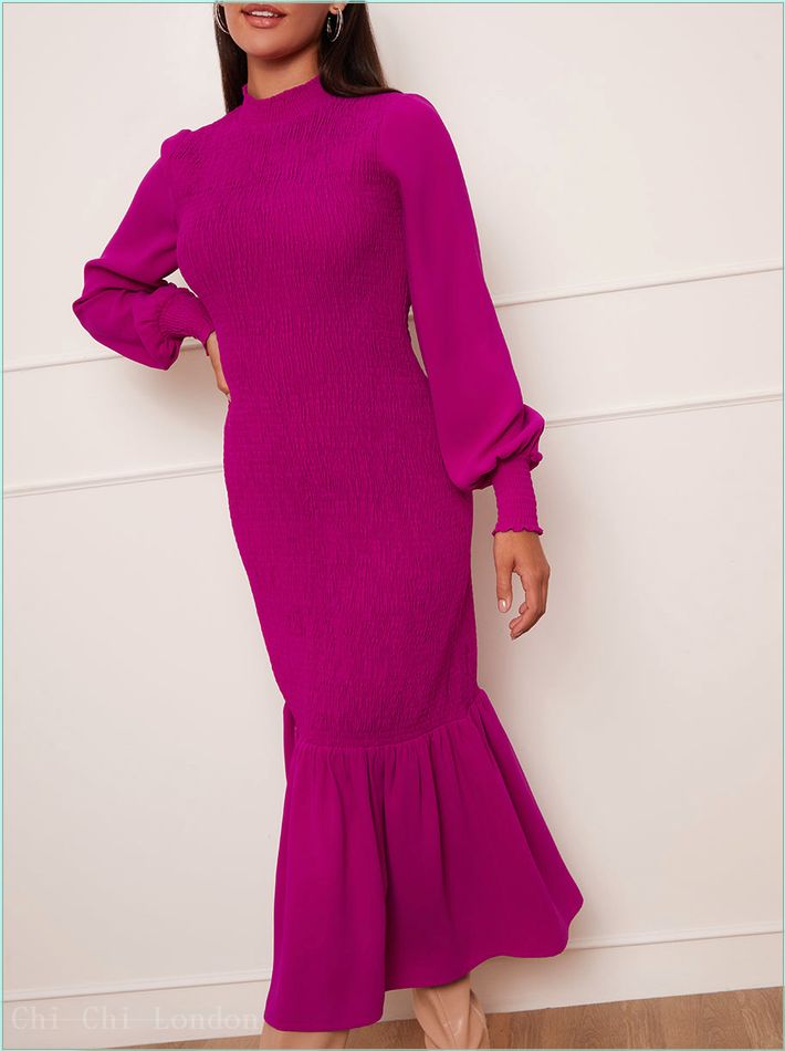  Petite Long Sleeve Shirred Maxi Dress in Pink CT1039PFP