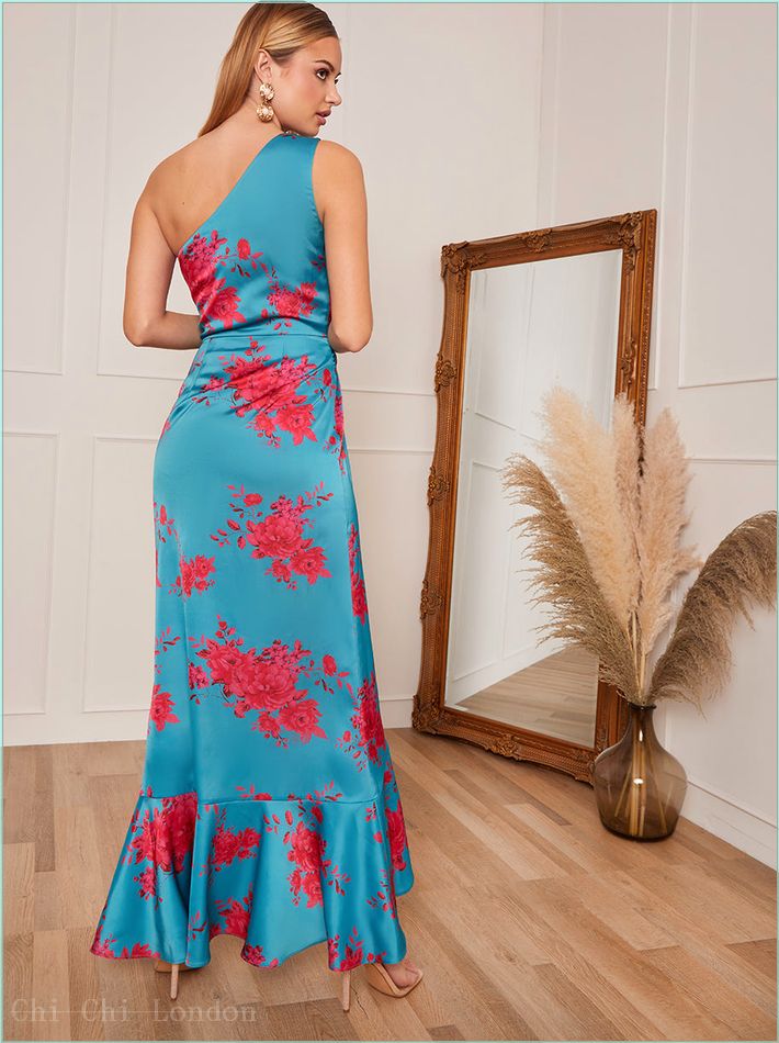  Petite One Shoulder Floral Printed Midi Dress in Blue 71262PTL