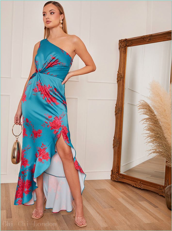  Petite One Shoulder Floral Printed Midi Dress in Blue 71262PTL