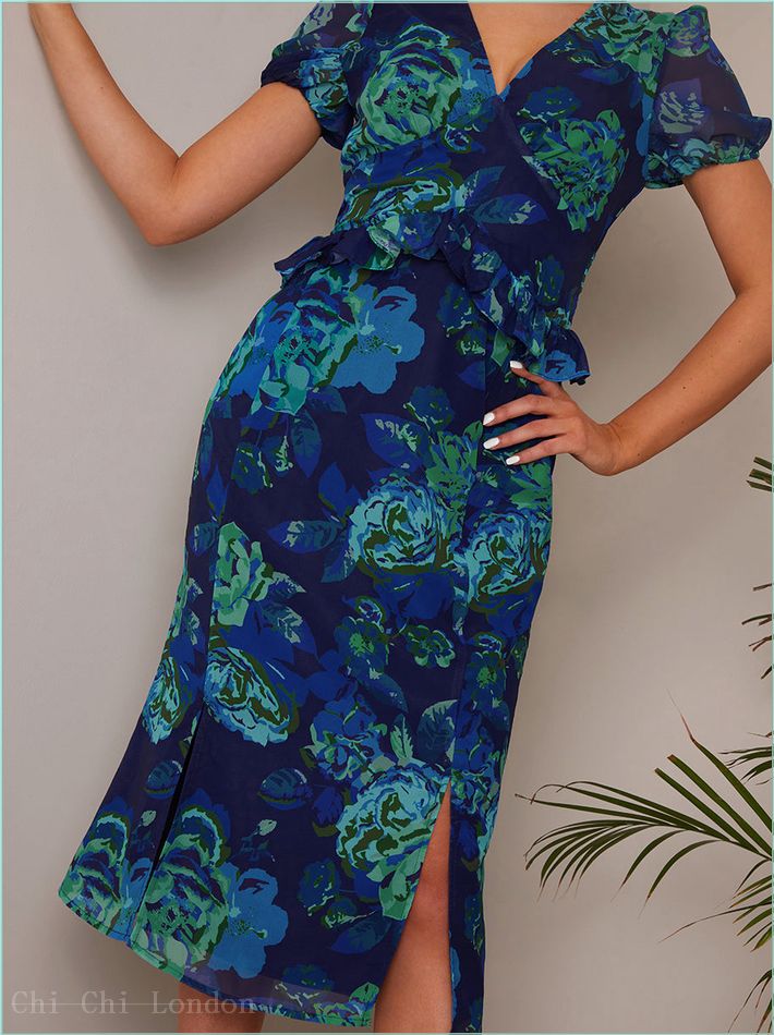  Petite Puff Sleeve Ruffle Detail Floral Midi Dress in Navy FA23106PNB