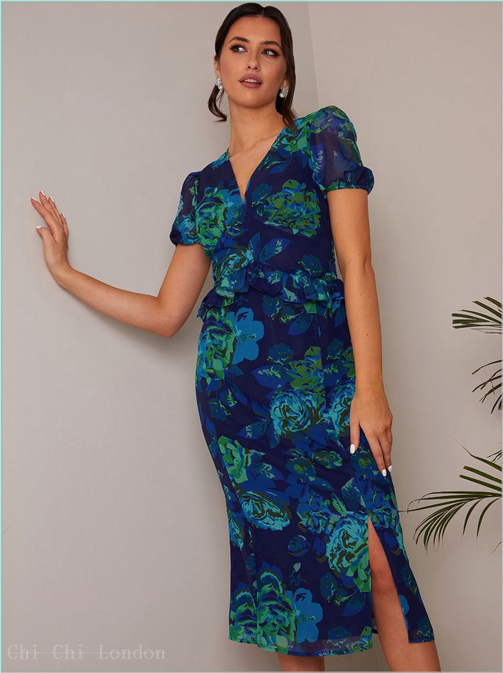  Petite Puff Sleeve Ruffle Detail Floral Midi Dress in Navy FA23106PNB