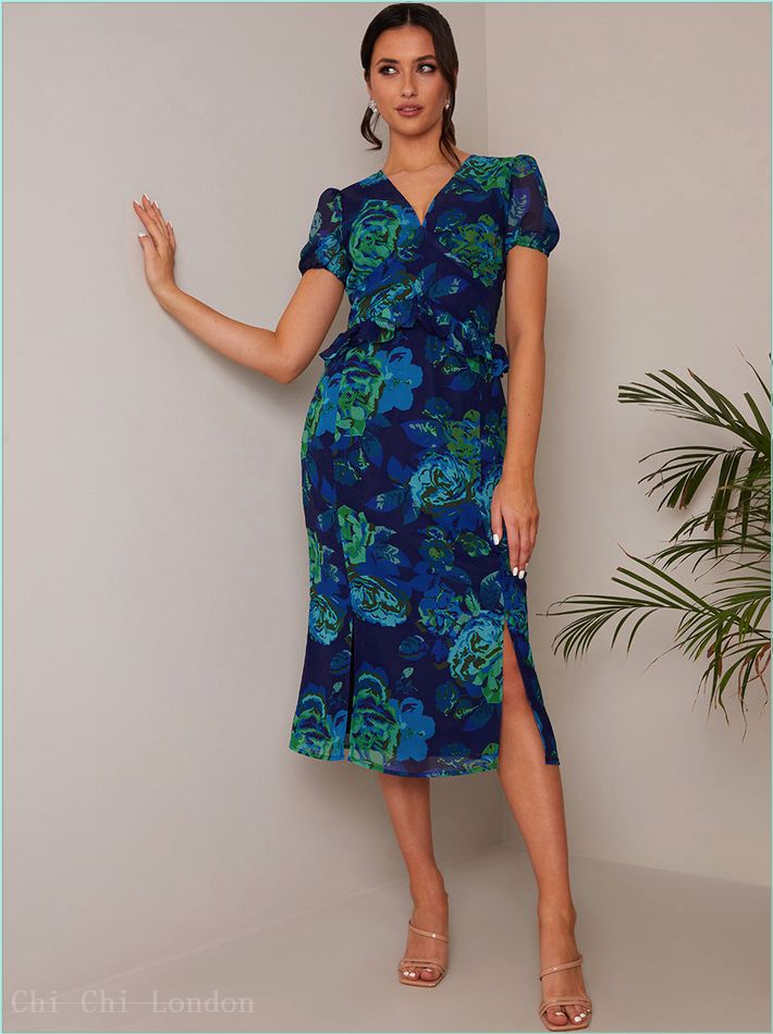  Petite Puff Sleeve Ruffle Detail Floral Midi Dress in Navy FA23106PNB