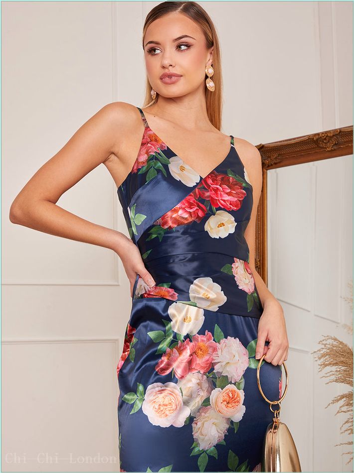  Petite Sleeveless Floral Print Ruffle Hem Midi Dress in Navy 1630PBNB