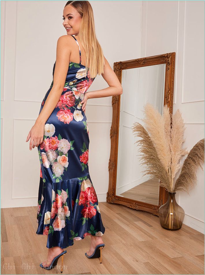  Petite Sleeveless Floral Print Ruffle Hem Midi Dress in Navy 1630PBNB