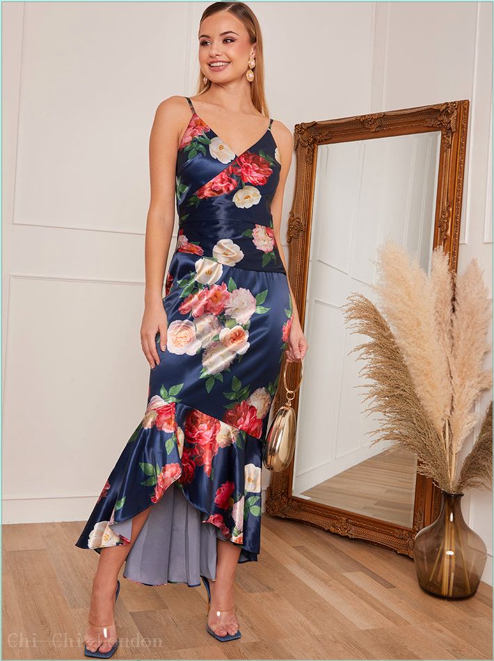  Petite Sleeveless Floral Print Ruffle Hem Midi Dress in Navy 1630PBNB