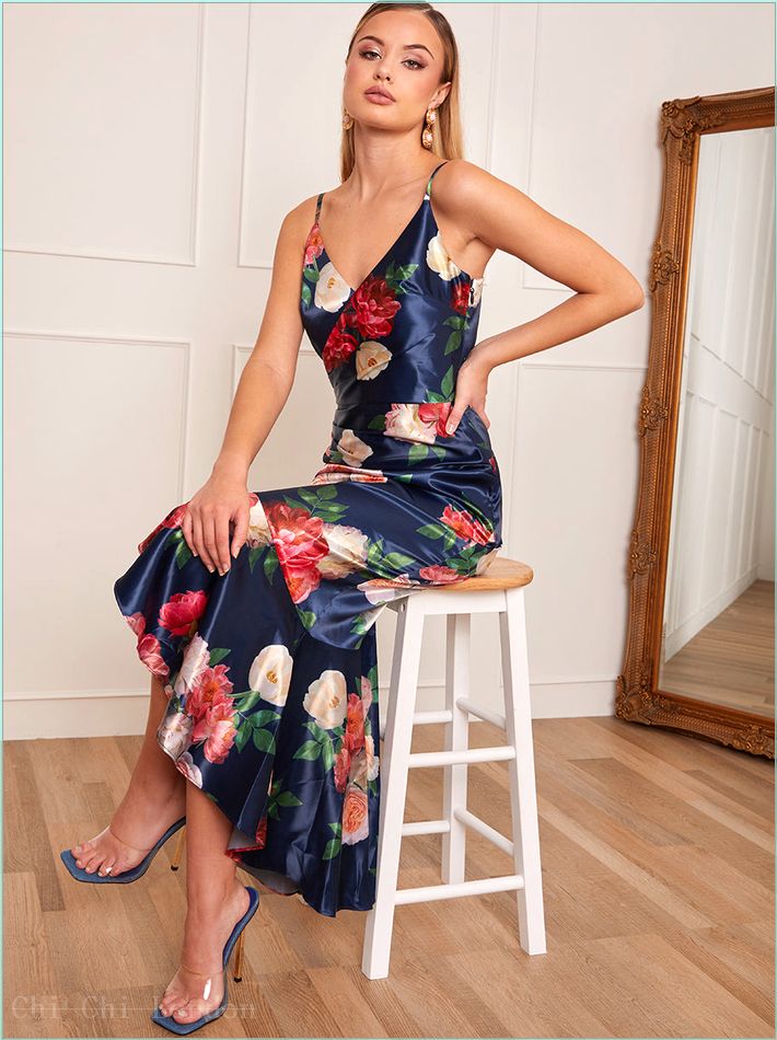  Petite Sleeveless Floral Print Ruffle Hem Midi Dress in Navy 1630PBNB