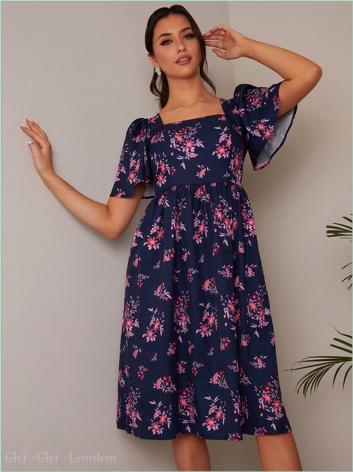  Petite Square Neck Ditsy Floral Midi Dress in Navy FA23104PNB