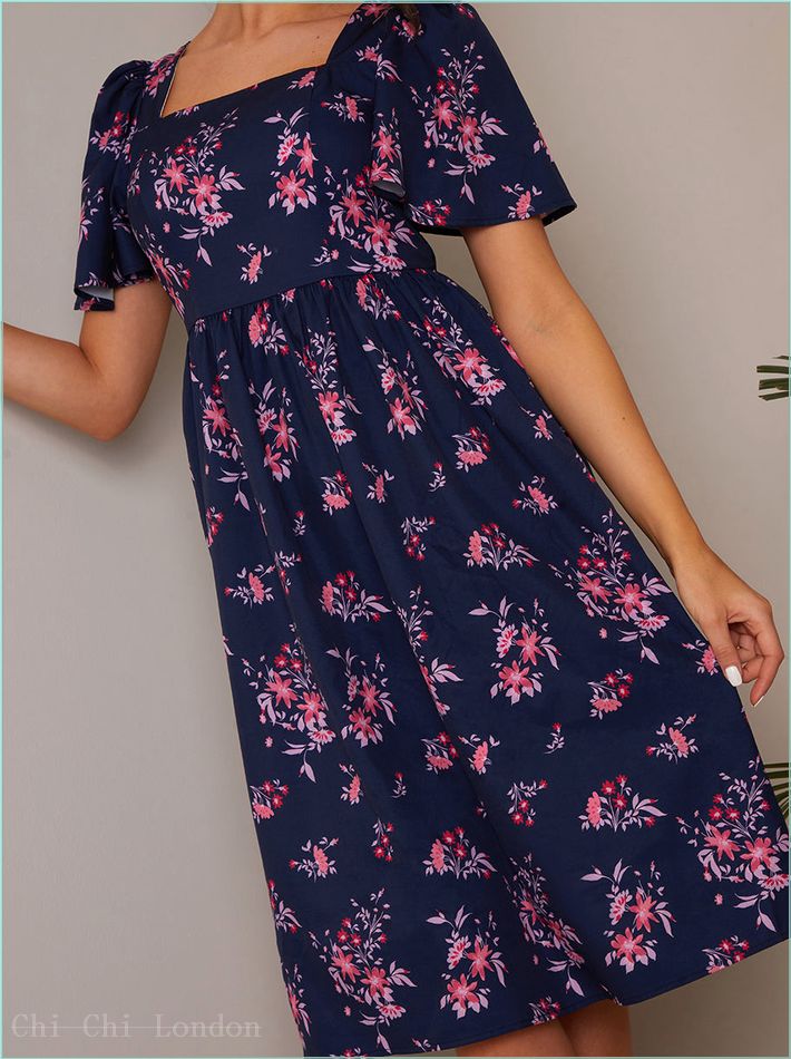  Petite Square Neck Ditsy Floral Midi Dress in Navy FA23104PNB