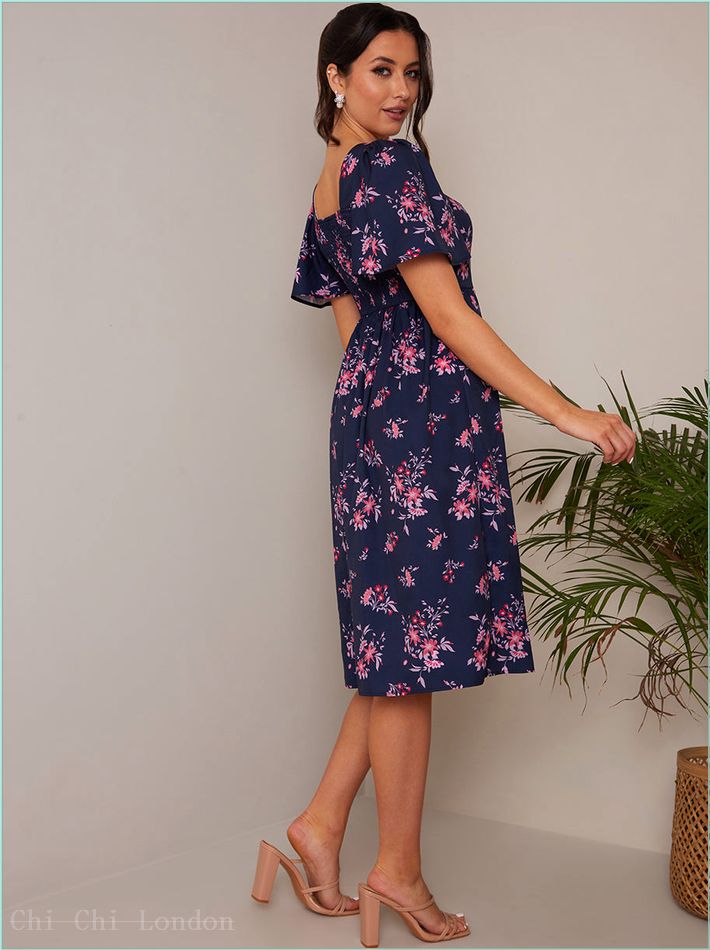  Petite Square Neck Ditsy Floral Midi Dress in Navy FA23104PNB