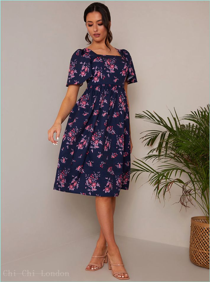  Petite Square Neck Ditsy Floral Midi Dress in Navy FA23104PNB