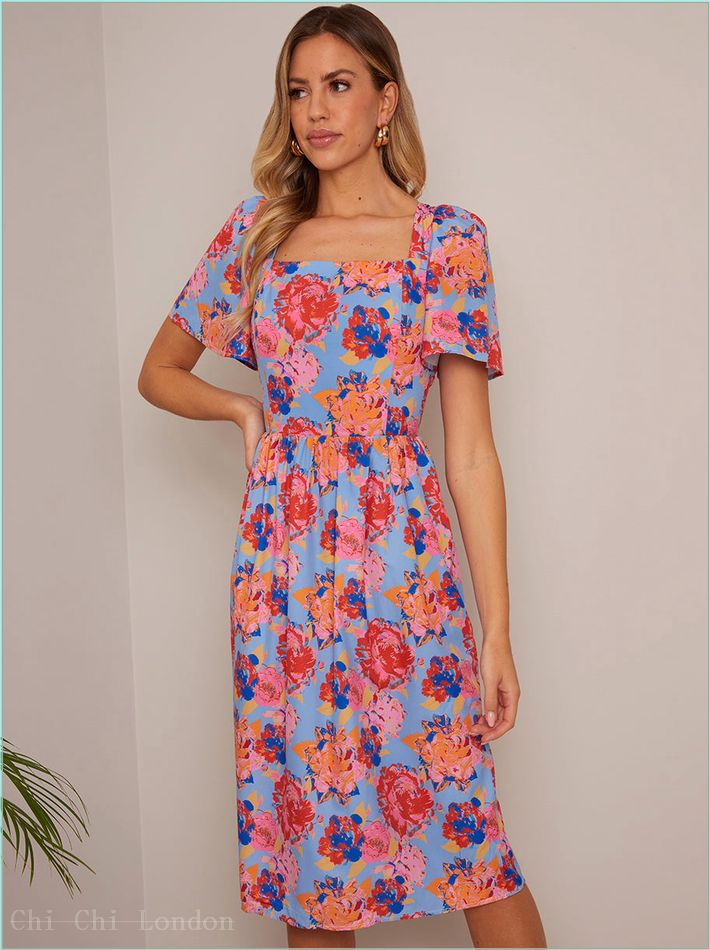  Petite Square Neck Floral Midi Dress in Blue FA23107PBL