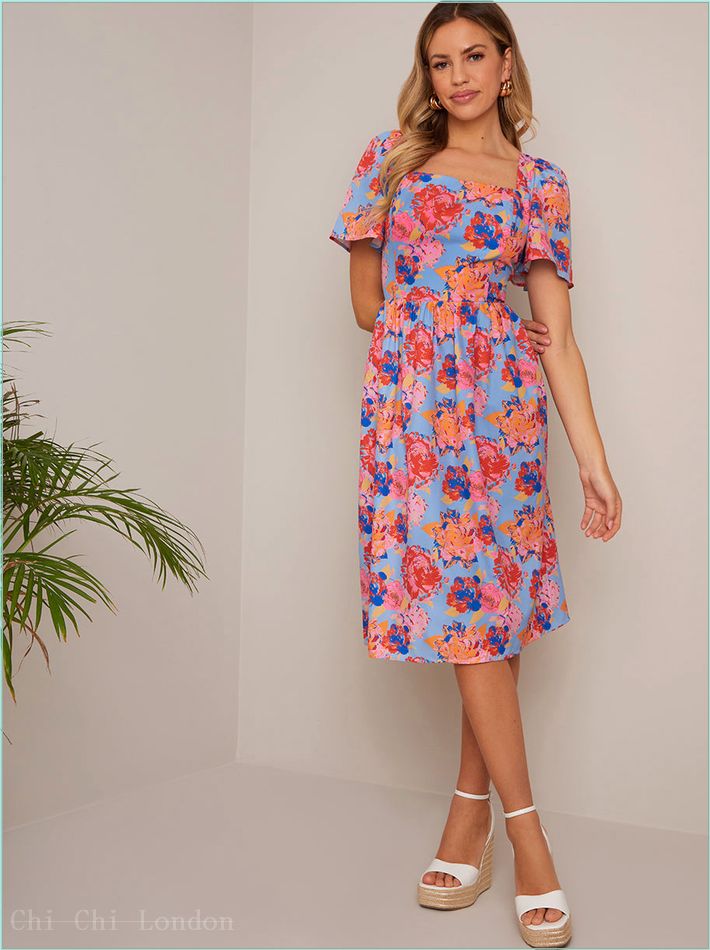  Petite Square Neck Floral Midi Dress in Blue FA23107PBL