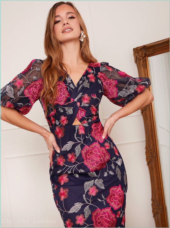  Petite V Neck Floral Bodycon Dress in Navy 80920PMU