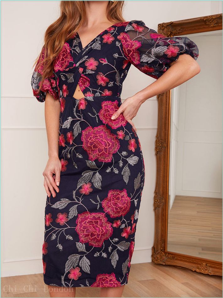  Petite V Neck Floral Bodycon Dress in Navy 80920PMU