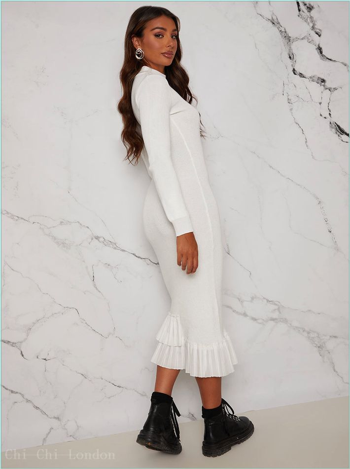  Pleated Hem Knitted Maxi Dress in White MKC7224WH