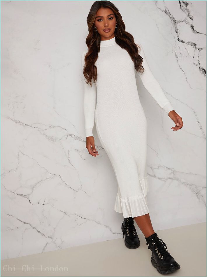  Pleated Hem Knitted Maxi Dress in White MKC7224WH