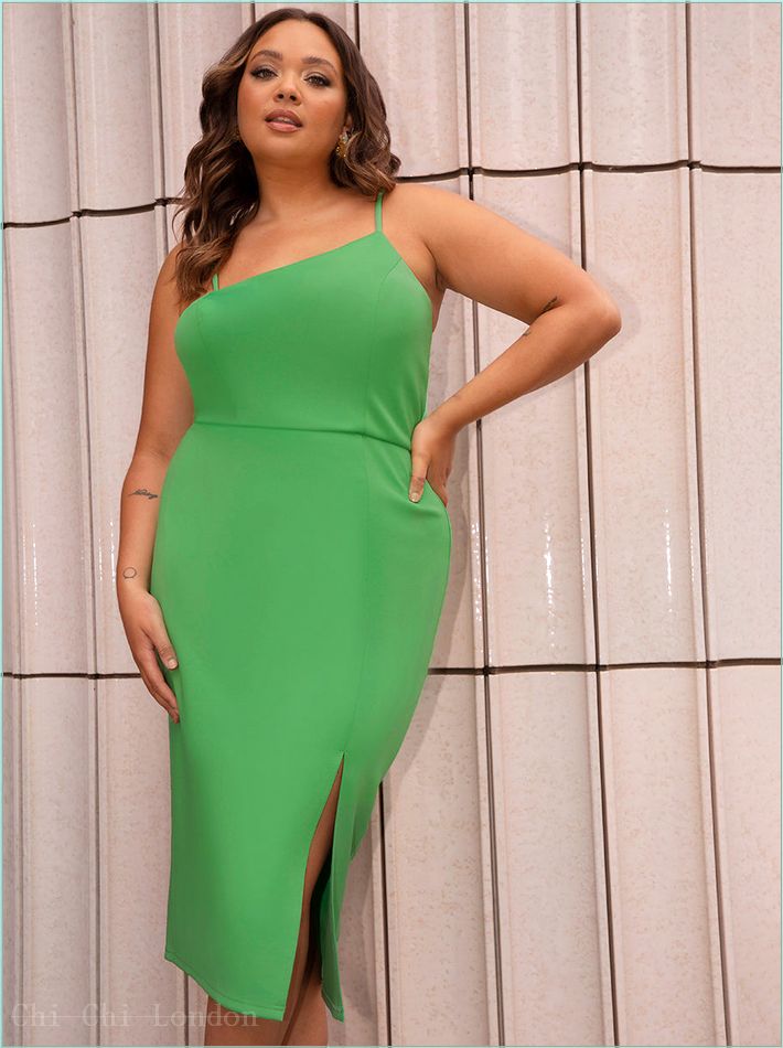  Plus Size Asymmetric Bodycon Midi Dress in Green 53147CGN