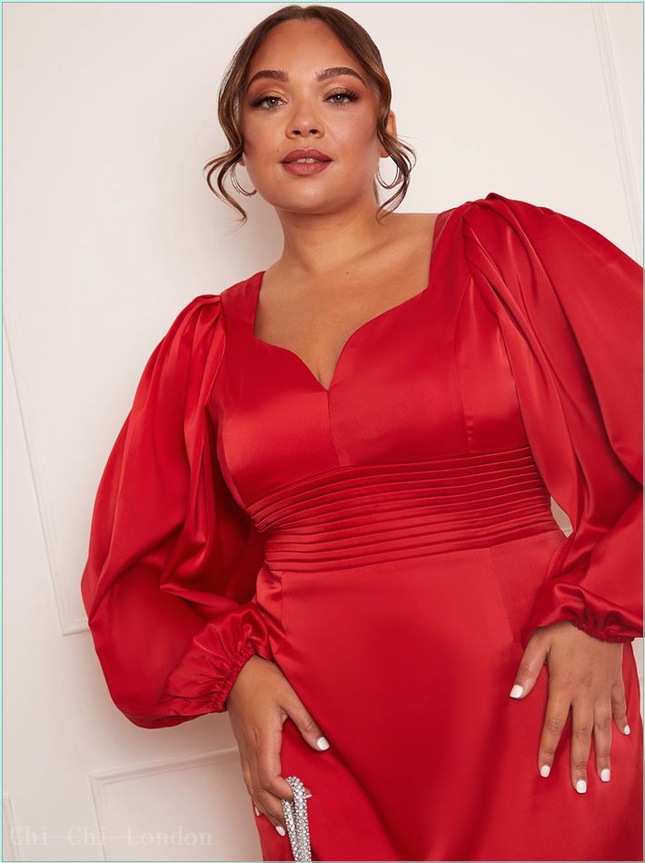  Plus Size Balloon Sleeve Plunge Bodycon Dress in Red SM5033CRE