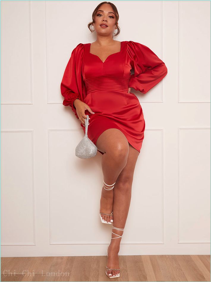  Plus Size Balloon Sleeve Plunge Bodycon Dress in Red SM5033CRE