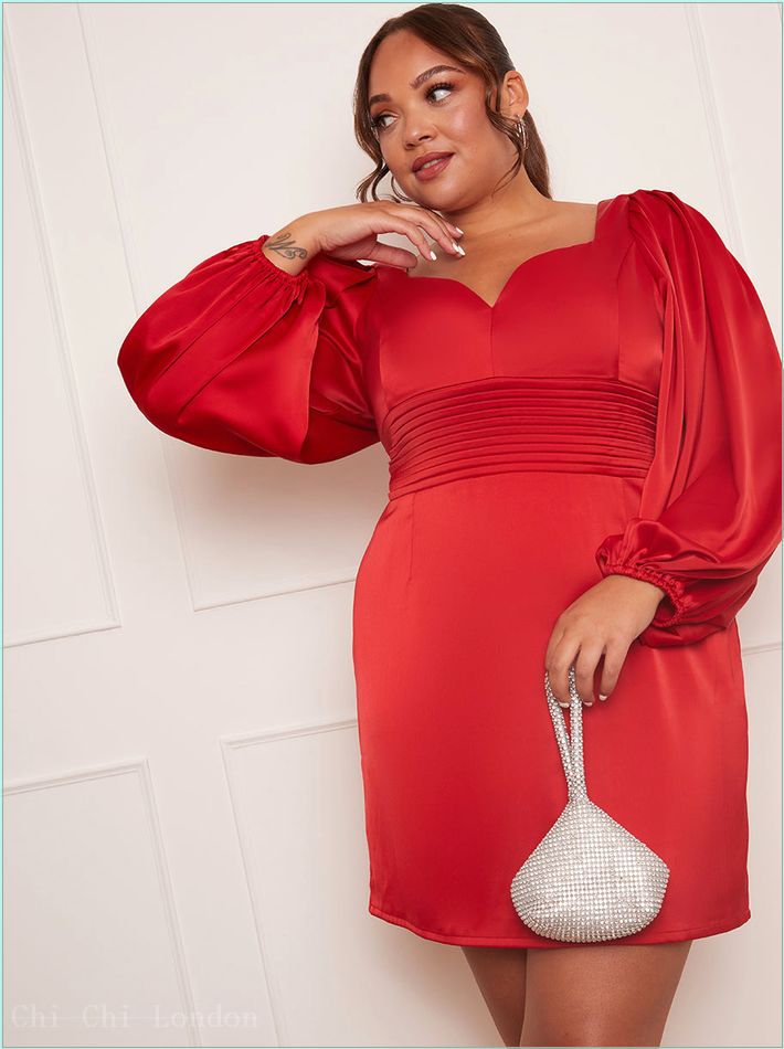  Plus Size Balloon Sleeve Plunge Bodycon Dress in Red SM5033CRE