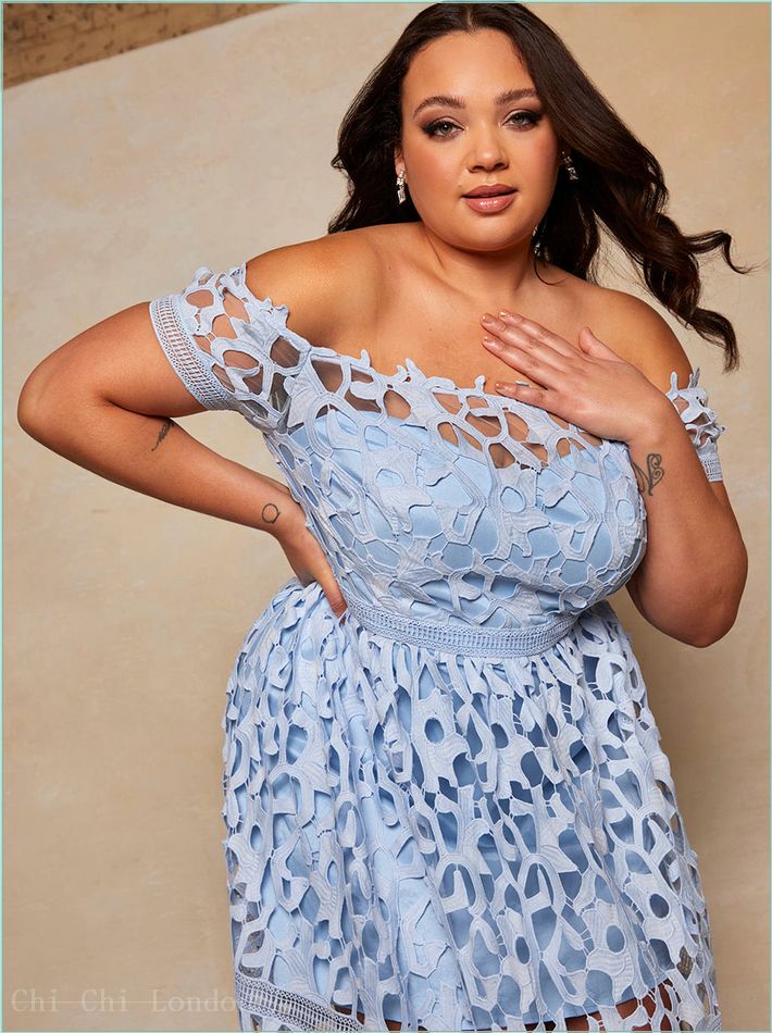  Plus Size Bardot Lace Midi Dress in Blue 52580CBL