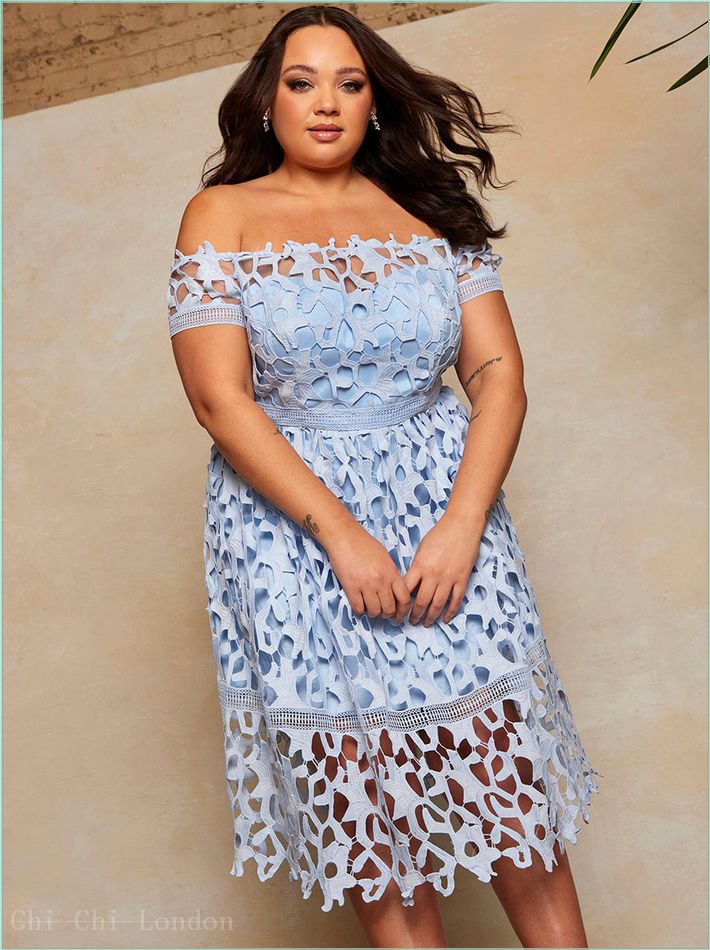  Plus Size Bardot Lace Midi Dress in Blue 52580CBL