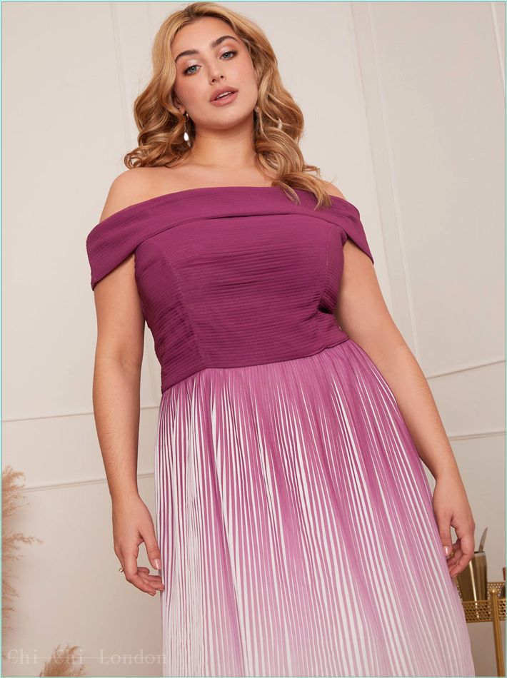  Plus Size Bardot Ombre Pleated Midi Dress in Purple 80960CBER