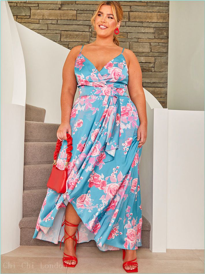  Plus Size Cami Floral Print Wrap Midi Dress in Blue 80727CFGN