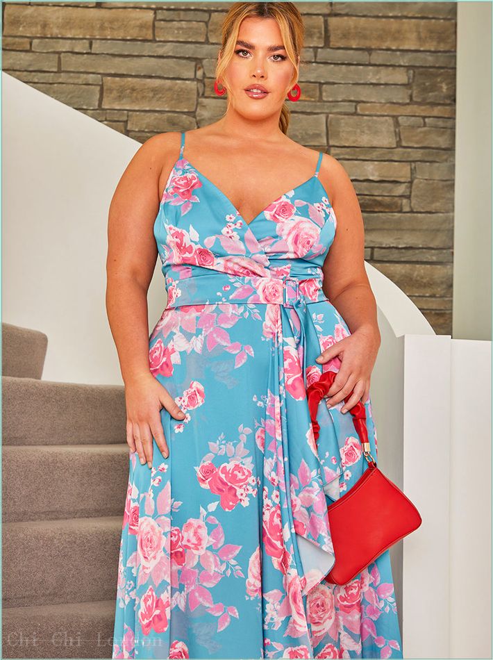  Plus Size Cami Floral Print Wrap Midi Dress in Blue 80727CFGN