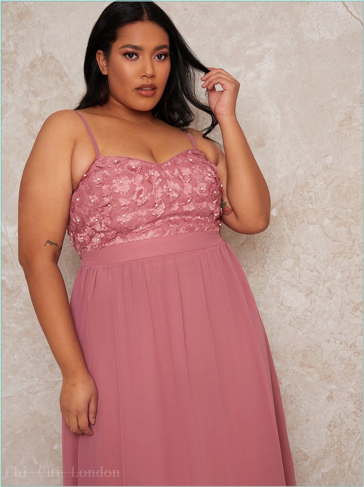  Plus Size Cami Strap 3D Floral Bodice Maxi Dress in Pink 80460CPI