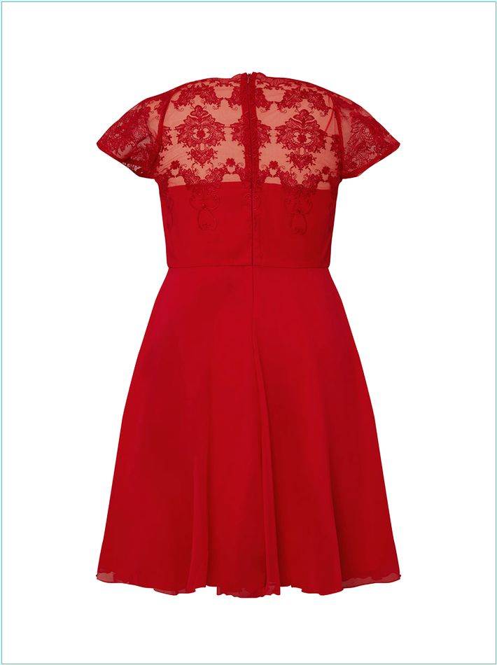  Plus Size Cap Sleeve Lace Bodice Midi Dress in Red 42450CRE