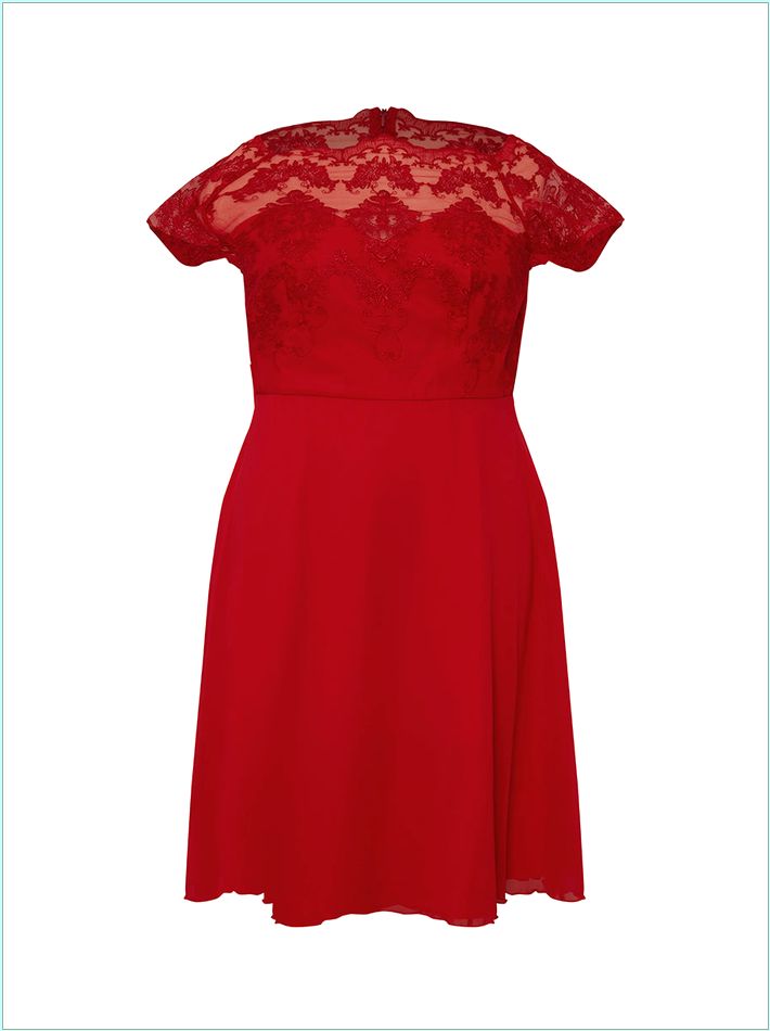  Plus Size Cap Sleeve Lace Bodice Midi Dress in Red 42450CRE