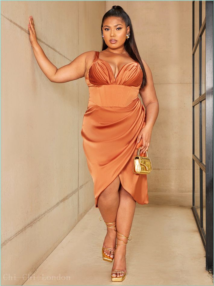  Plus Size Corset Style Bodycon Satin Midi Dress in Rust 81023CRU