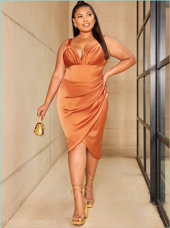  Plus Size Corset Style Bodycon Satin Midi Dress in Rust 81023CRU