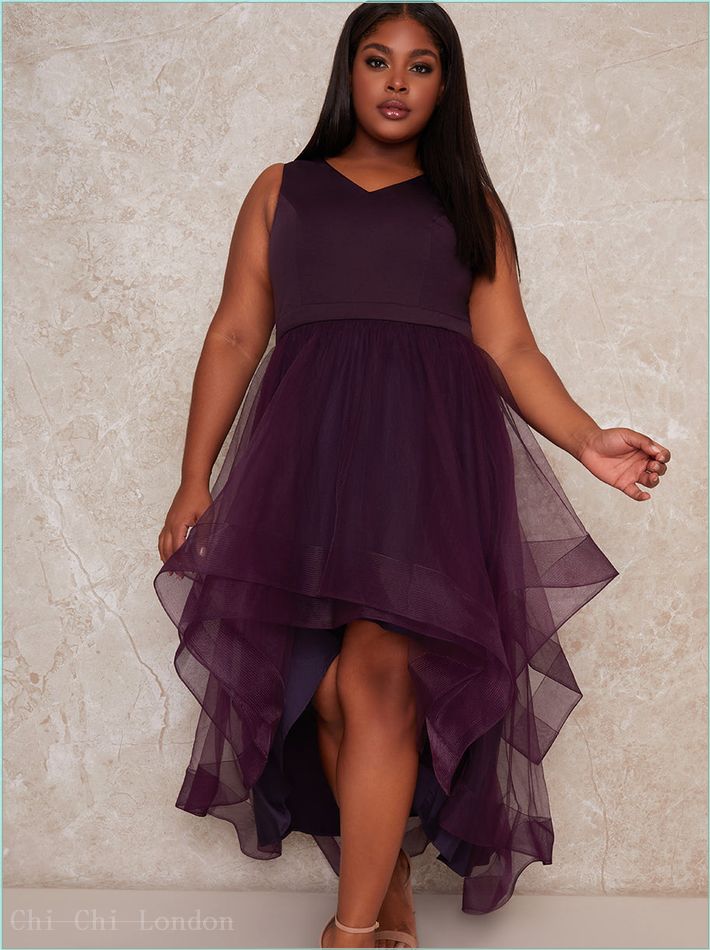  Plus Size Dip Hem High Neck Dress with Tulle Skirt in Purple 1518CBER