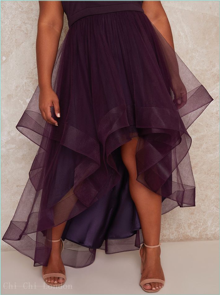  Plus Size Dip Hem High Neck Dress with Tulle Skirt in Purple 1518CBER