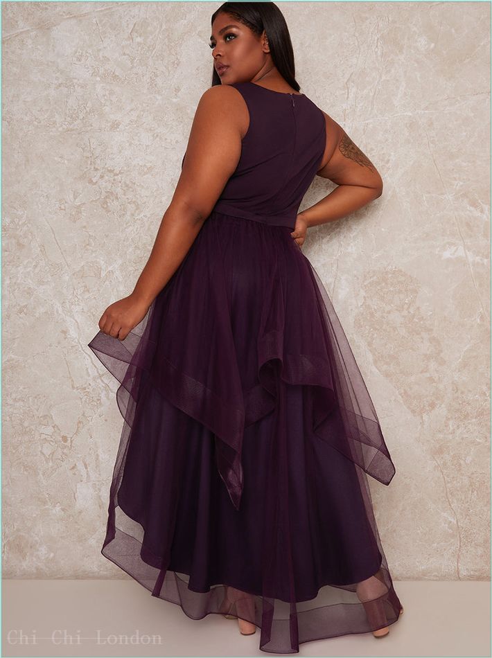  Plus Size Dip Hem High Neck Dress with Tulle Skirt in Purple 1518CBER