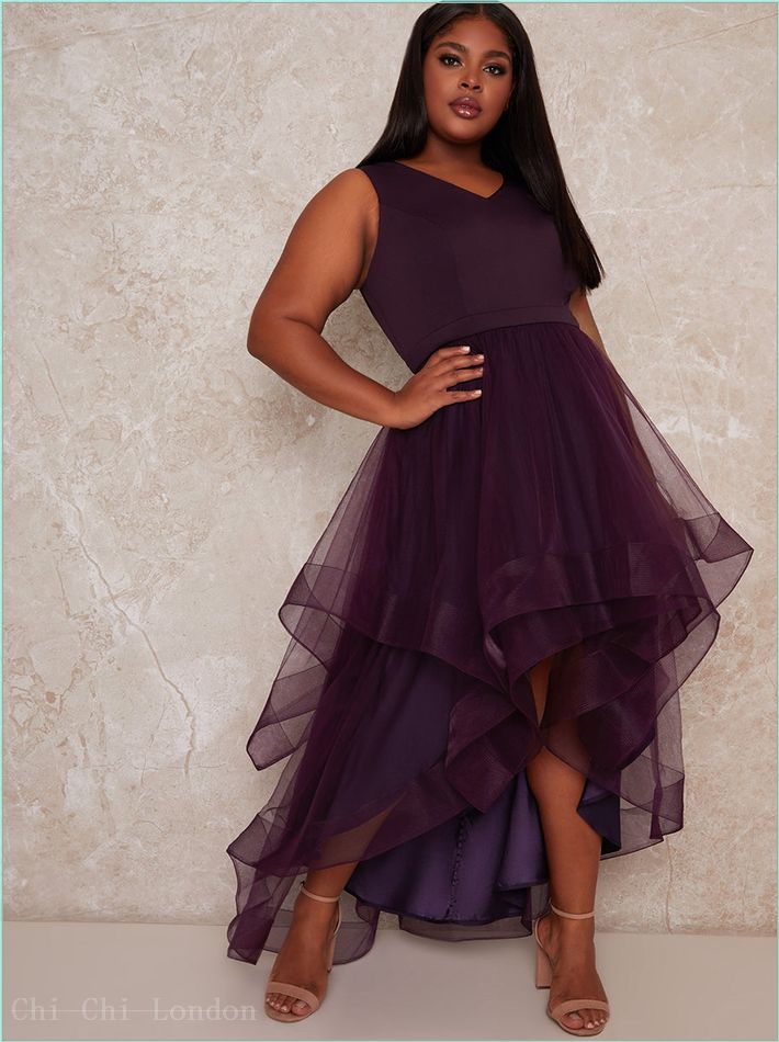  Plus Size Dip Hem High Neck Dress with Tulle Skirt in Purple 1518CBER