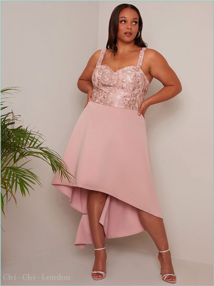  Plus Size Embroidered Dip Hem Dress in Pink 71291CBU