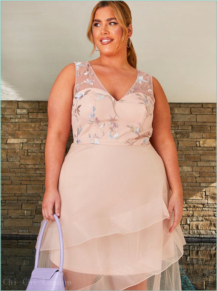  Plus Size Embroidered Floral Tiered Dip Hem Maxi Dress in Pink 71303CPI