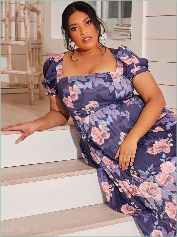  Plus Size Floral Print Pleated Midi Skater Dress in Navy 20296CNB