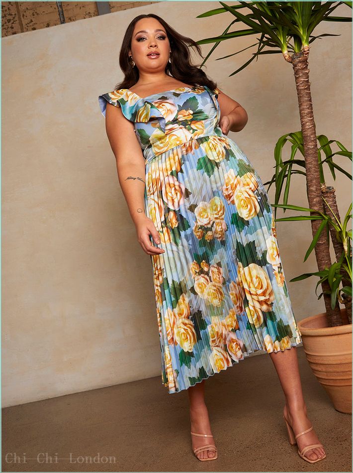  Plus Size Floral Print Ruffle Pleated Midi Dress in Blue 1643CBL